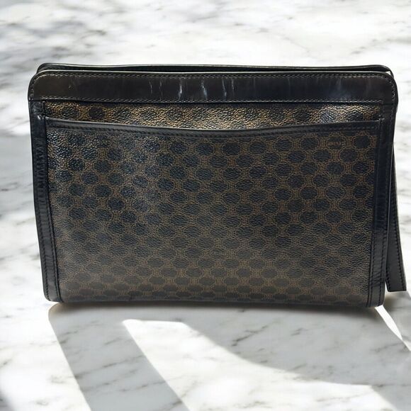 CELINE Macadam Clutch Handbag Black Brown Triomphe Leather Unisex Vintage 90s - Picture 12 of 16